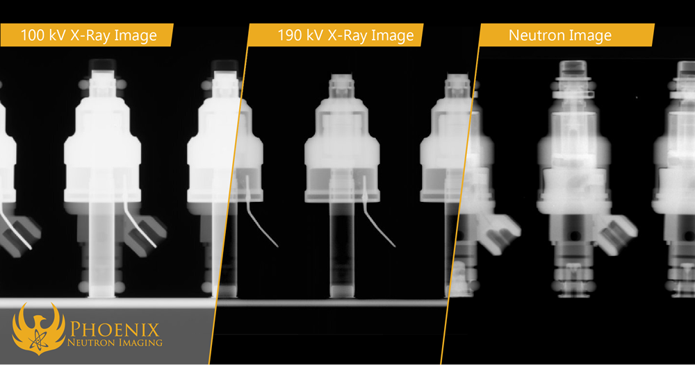 Text Box:  A look at how different energy X-ray images compare to a neutron image of the same objects. The neutron image depicts blockages and obstructions that neither X-ray image can show.      